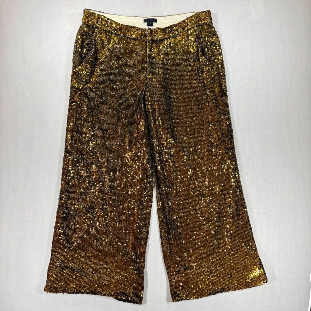 J.Crew Collection Gold Sequin Wide Leg Pants Crop Silk Evening Holiday Party 6